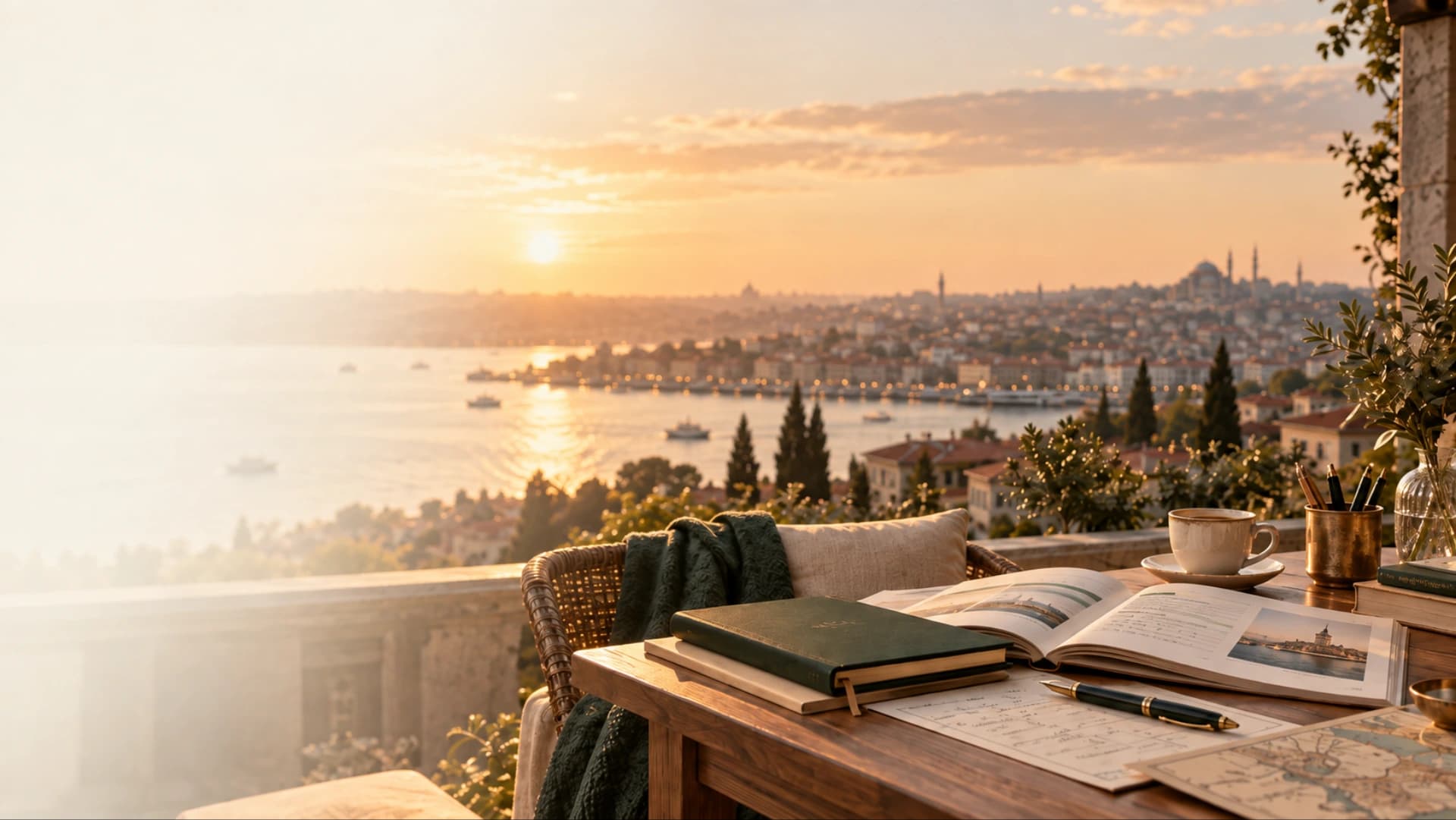 İstanbul manzarasında İngilizce çalışma masası